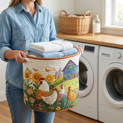 Quilted Laundry Basket - Farmhouse held in a laundry room, filled with towels