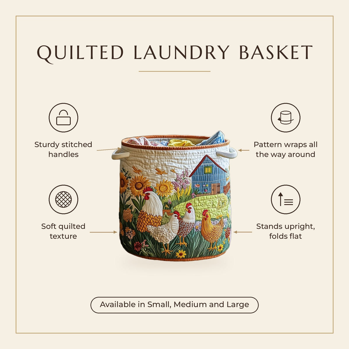 Quilted Laundry Basket - Farmhouse features infographic