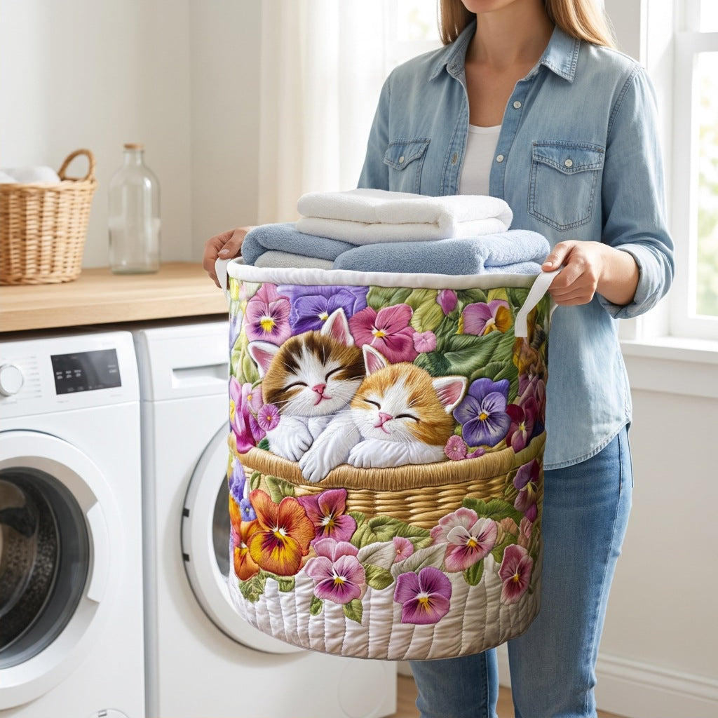 Quilted Laundry Basket - Feline Chaos held in a laundry room, filled with towels