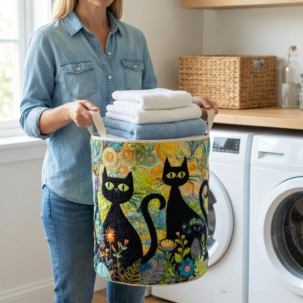 Quilted Laundry Basket - Feline Fiesta held in a laundry room, filled with towels