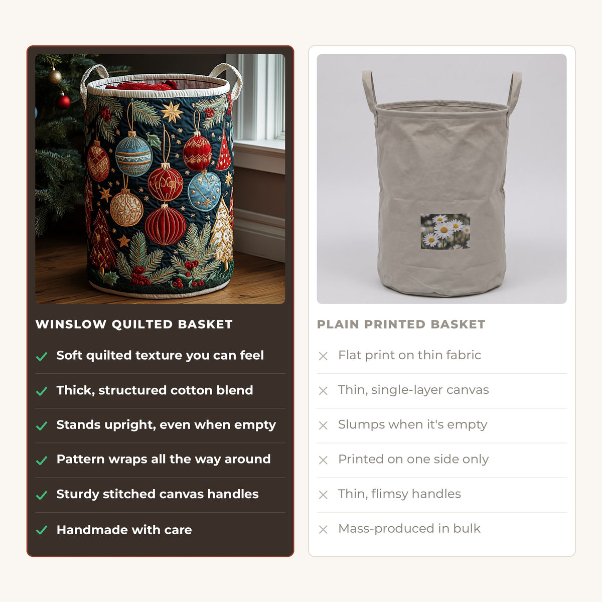 Quilted Laundry Basket - Festive Charm compared with a plain printed basket
