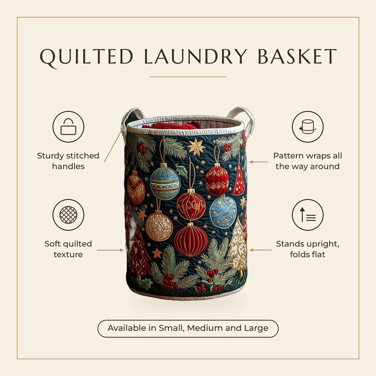 Quilted Laundry Basket - Festive Charm features infographic