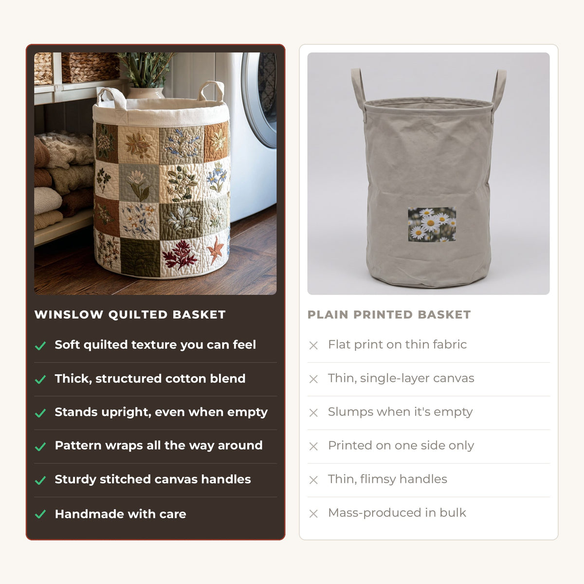 Quilted Laundry Basket - Floral Altar compared with a plain printed basket
