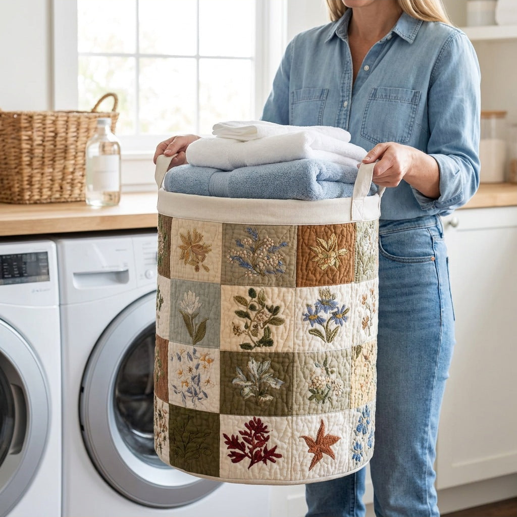 Quilted Laundry Basket - Floral Altar held in a laundry room, filled with towels