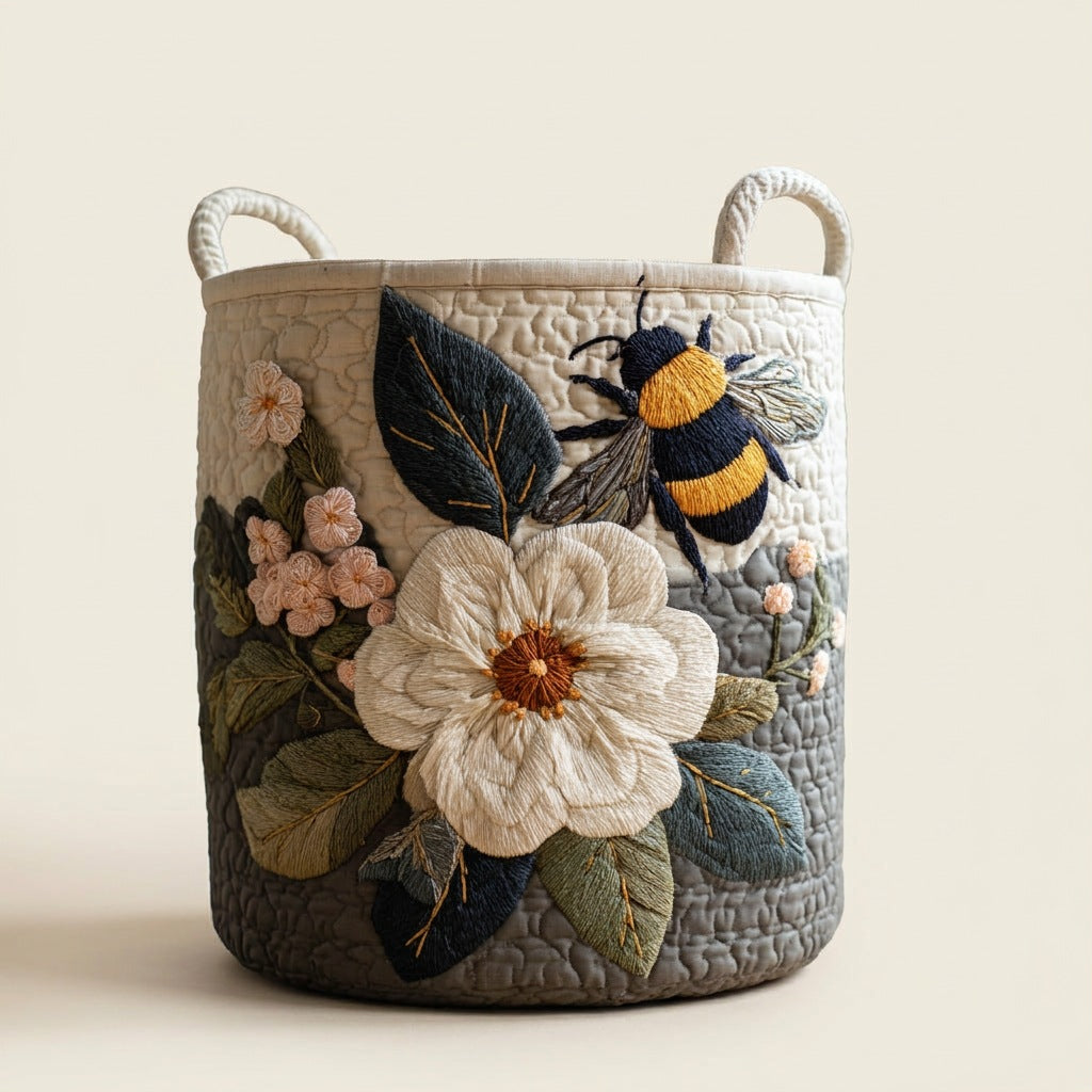 Quilted Laundry Basket - Floral Bee, studio photo
