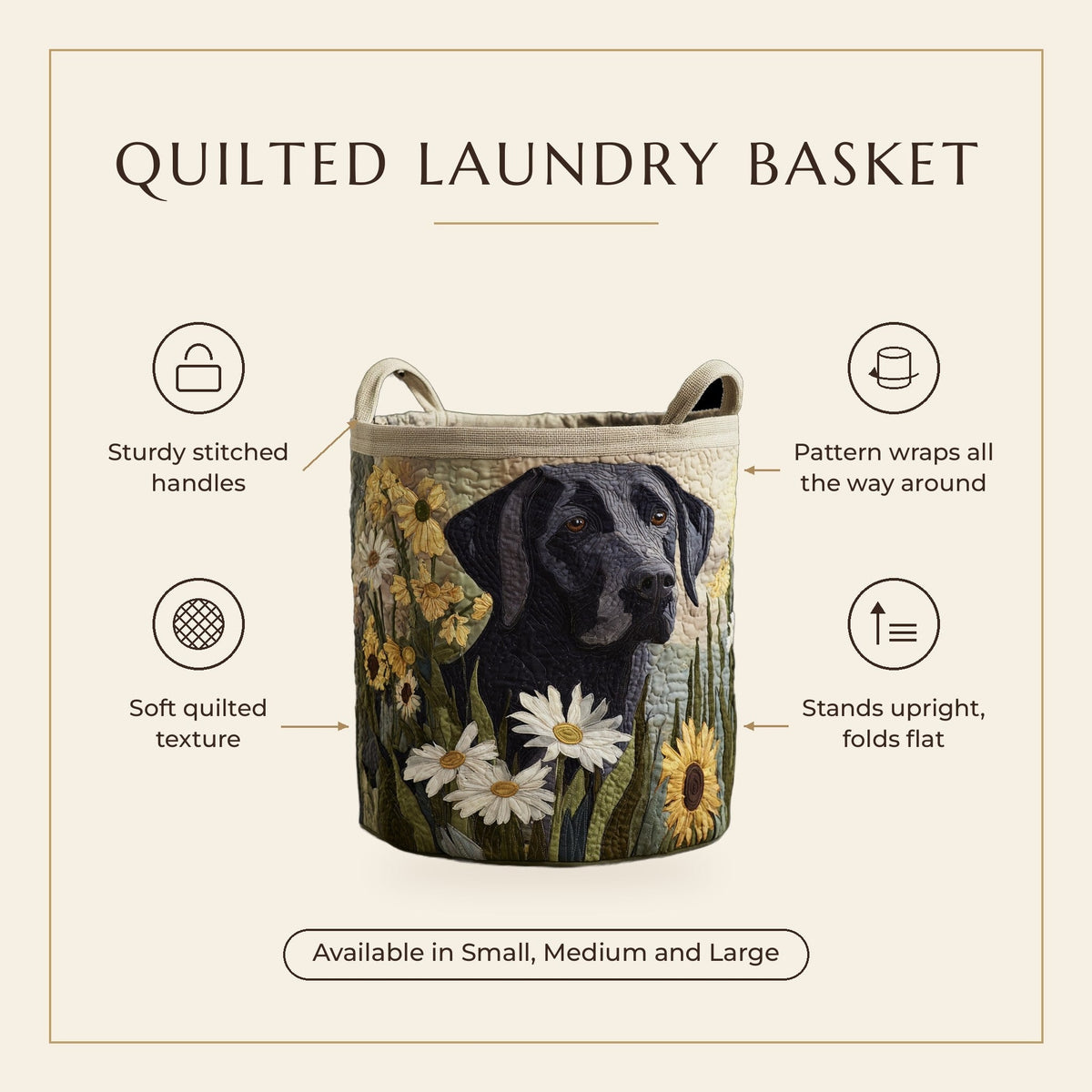 Quilted Laundry Basket - Floral Black Lab features infographic