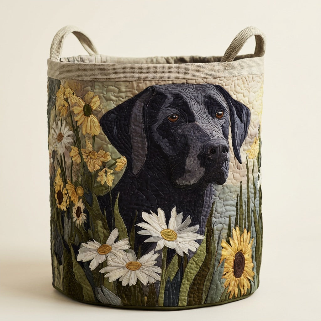 Quilted Laundry Basket - Floral Black Lab, studio photo