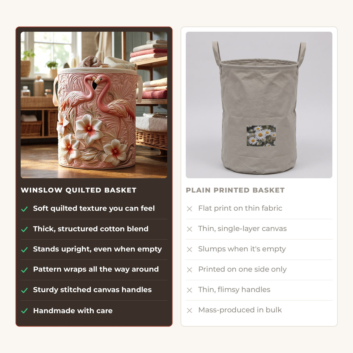 Quilted Laundry Basket - Floral Flamingo compared with a plain printed basket