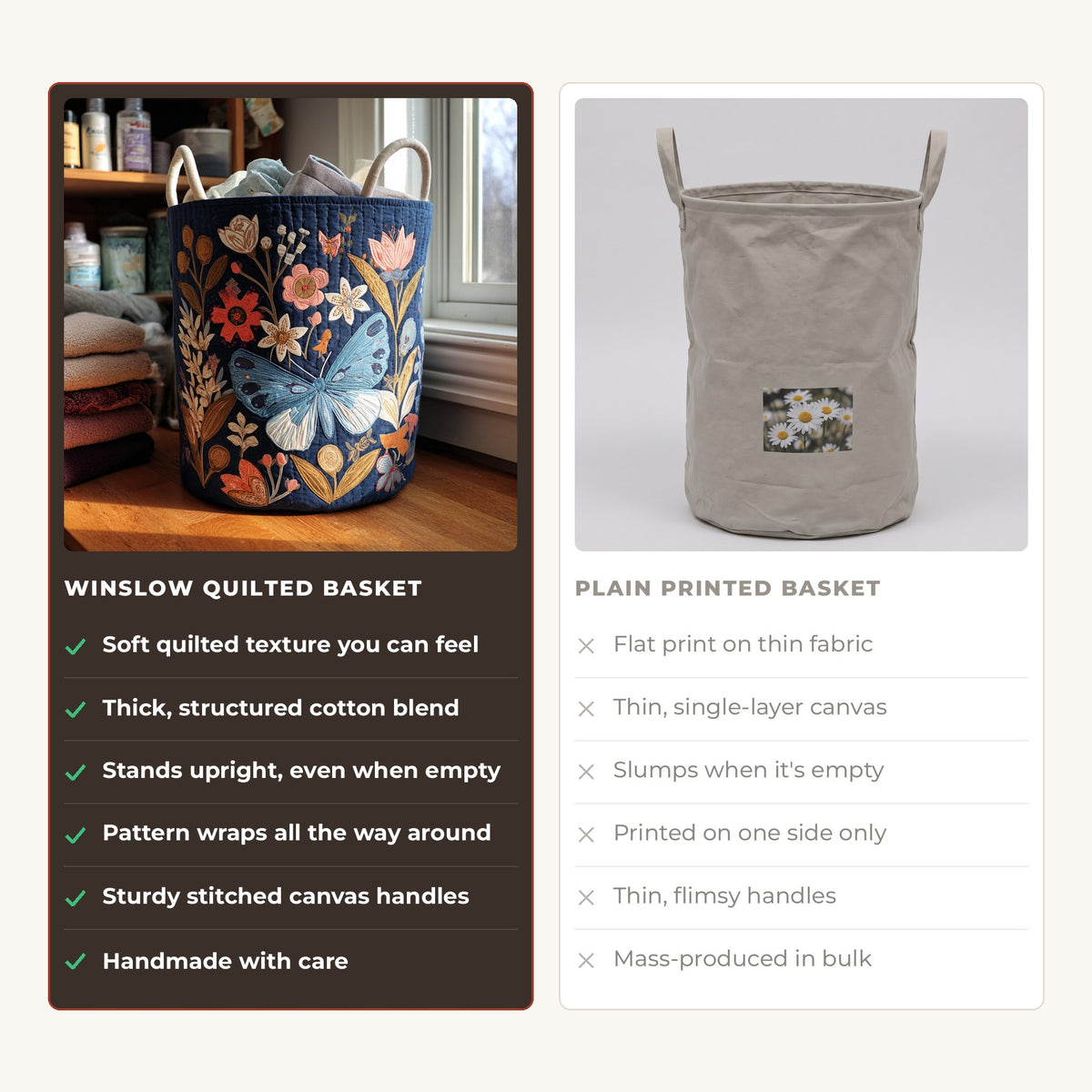 Quilted Laundry Basket - Floral Flight compared with a plain printed basket