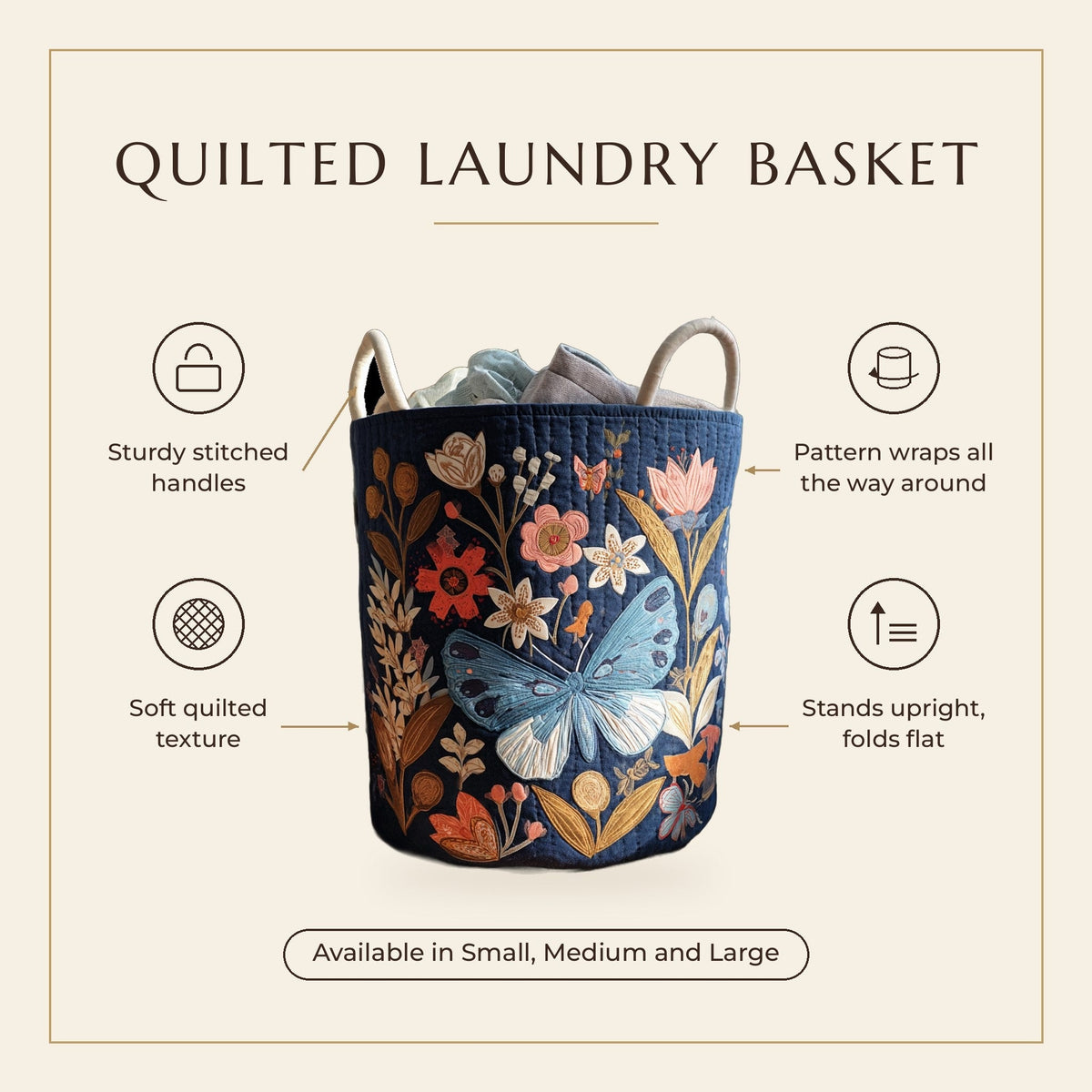 Quilted Laundry Basket - Floral Flight features infographic