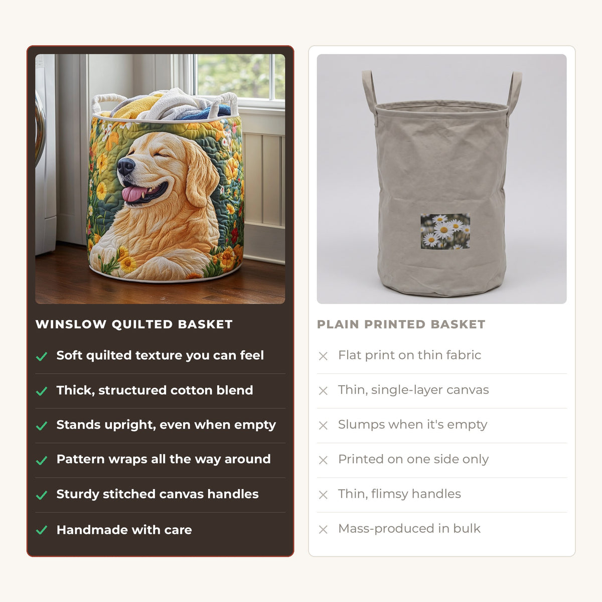 Quilted Laundry Basket - Floral Golden Retrievers compared with a plain printed basket