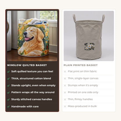 Quilted Laundry Basket - Floral Golden Retrievers compared with a plain printed basket