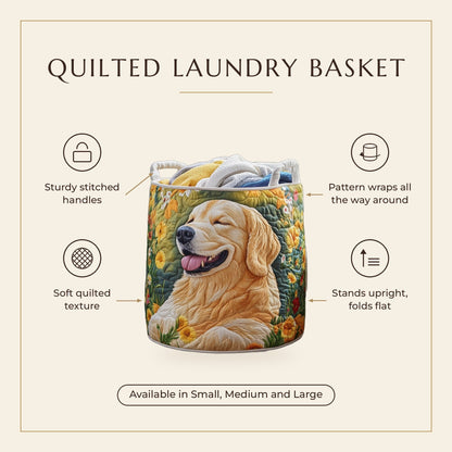 Quilted Laundry Basket - Floral Golden Retrievers features infographic