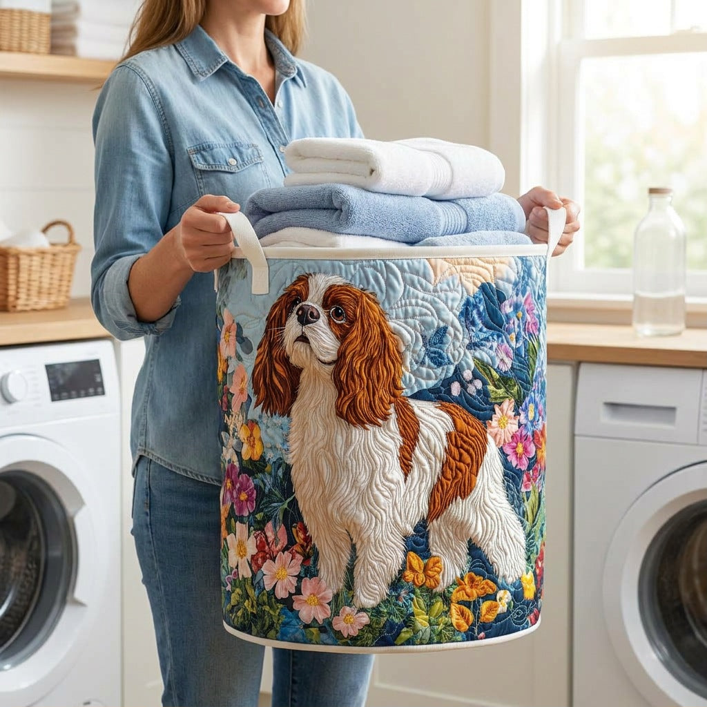 Quilted Laundry Basket - Floral held in a laundry room, filled with towels