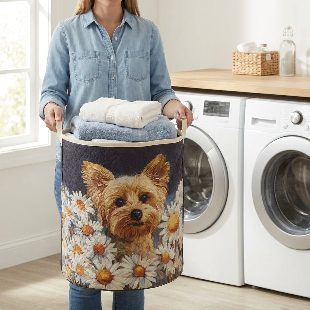 Quilted Laundry Basket - Floral Yorkie held in a laundry room, filled with towels
