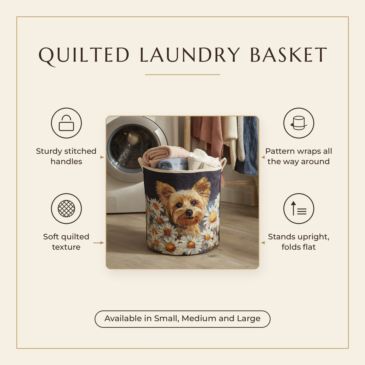 Quilted Laundry Basket - Floral Yorkie features infographic