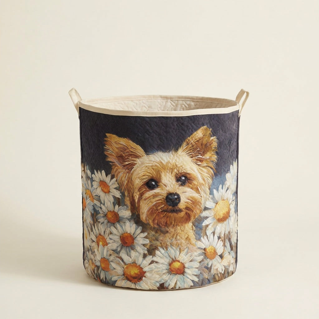 Quilted Laundry Basket - Floral Yorkie, studio photo