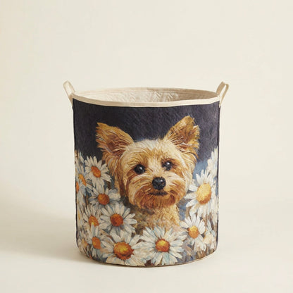 Quilted Laundry Basket - Floral Yorkie, studio photo