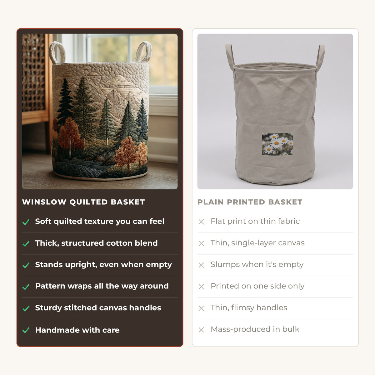 Quilted Laundry Basket - Forest compared with a plain printed basket