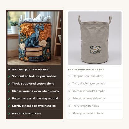 Quilted Laundry Basket - Forest Dragon compared with a plain printed basket