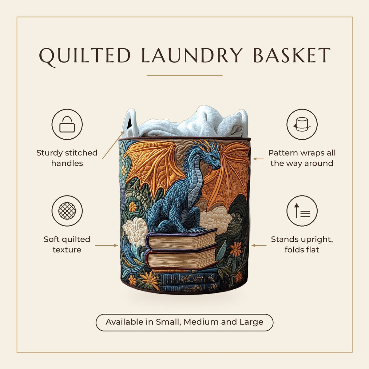 Quilted Laundry Basket - Forest Dragon features infographic