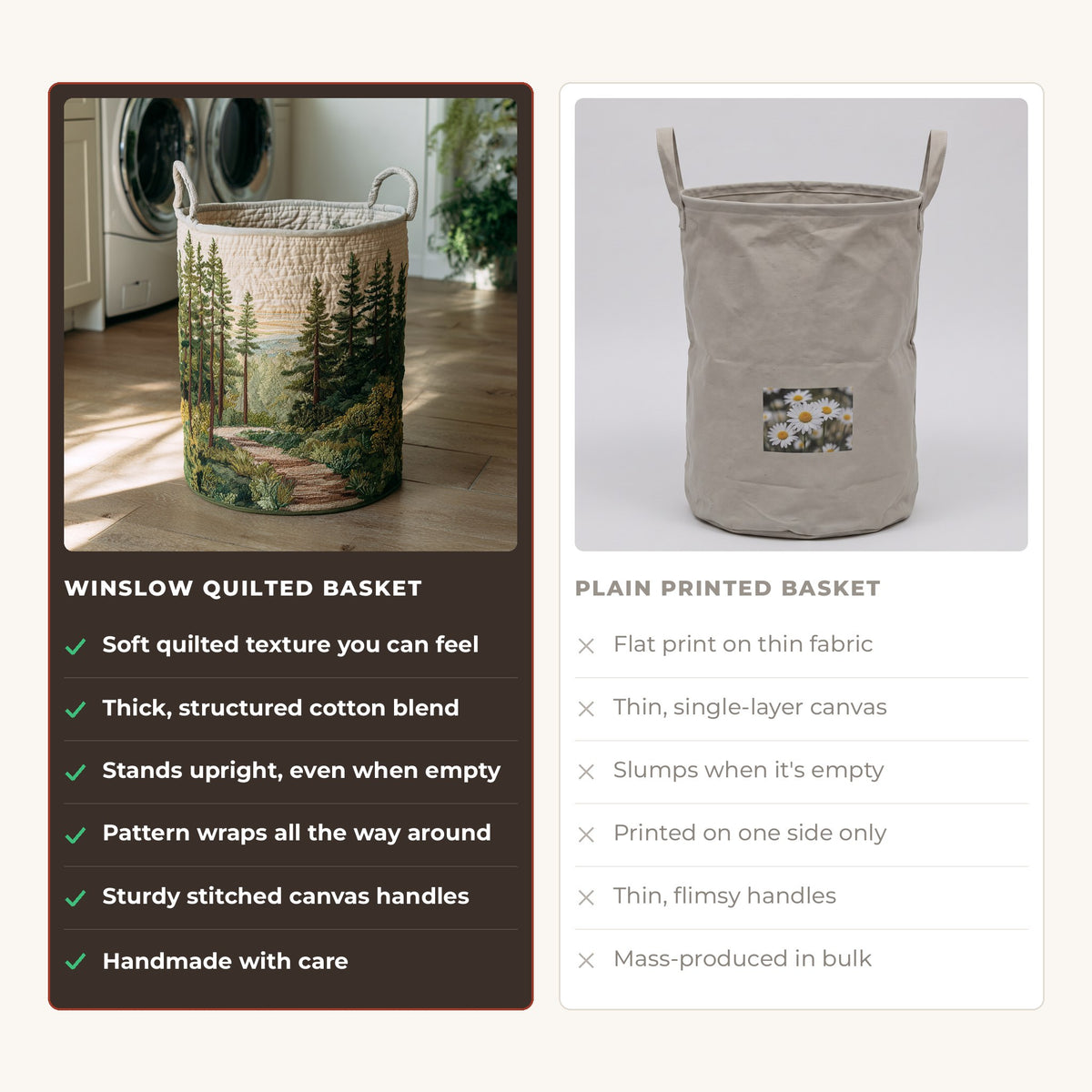 Quilted Laundry Basket - Forest Path compared with a plain printed basket