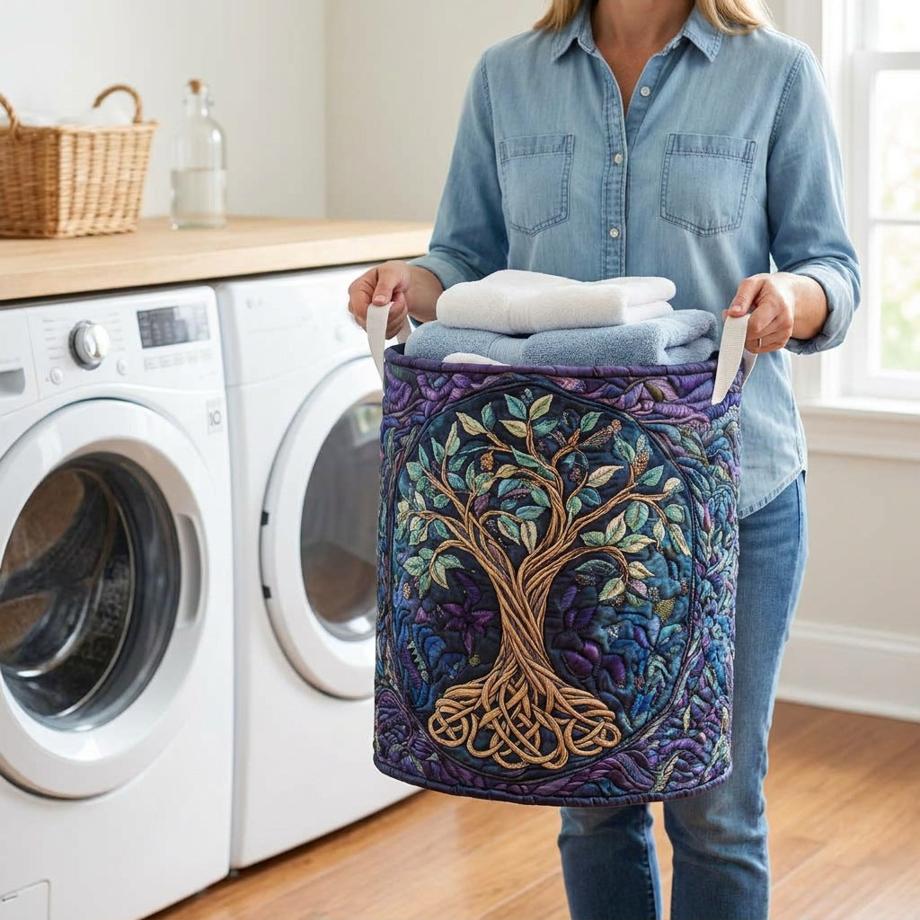 Quilted Laundry Basket - Forest Spirit held in a laundry room, filled with towels