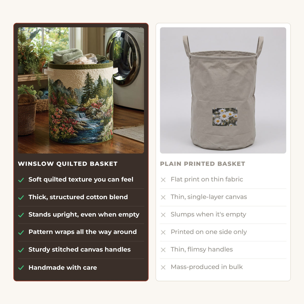 Quilted Laundry Basket - Forest Stream compared with a plain printed basket