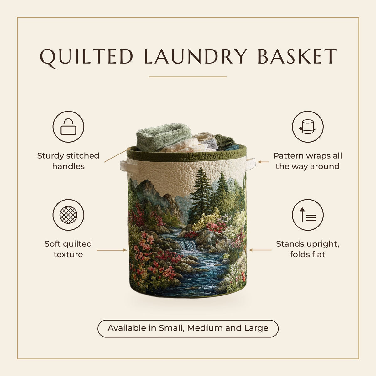 Quilted Laundry Basket - Forest Stream features infographic