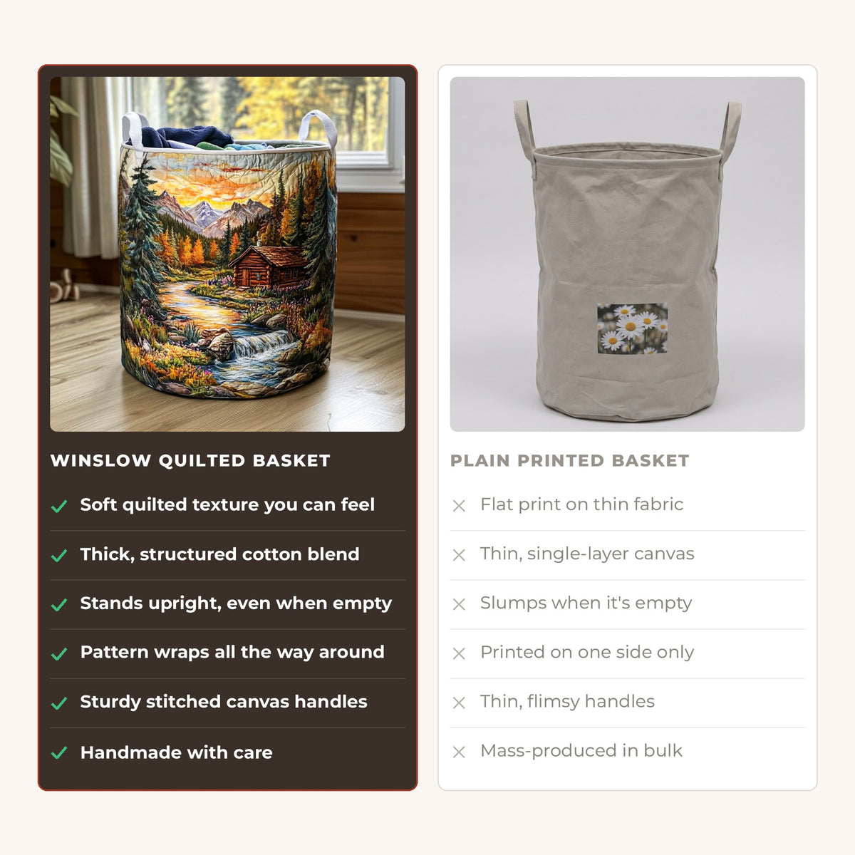 Quilted Laundry Basket - Forest Stroll compared with a plain printed basket