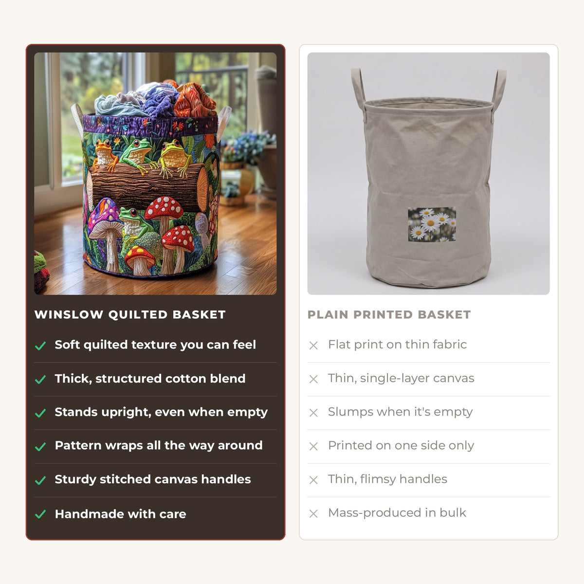 Quilted Laundry Basket - Frog Family compared with a plain printed basket