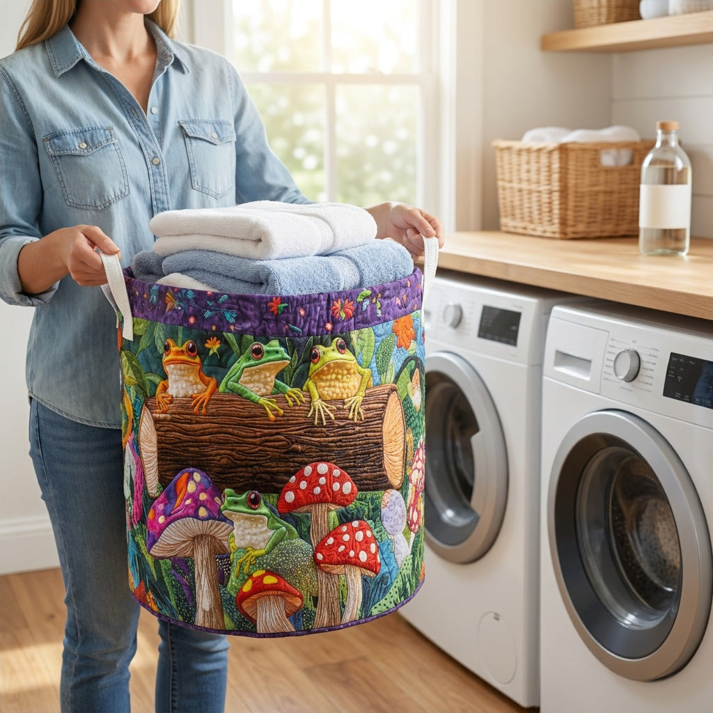 Quilted Laundry Basket - Frog Family held in a laundry room, filled with towels