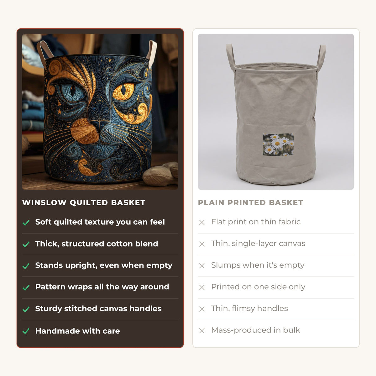 Quilted Laundry Basket - Galactic Cat compared with a plain printed basket