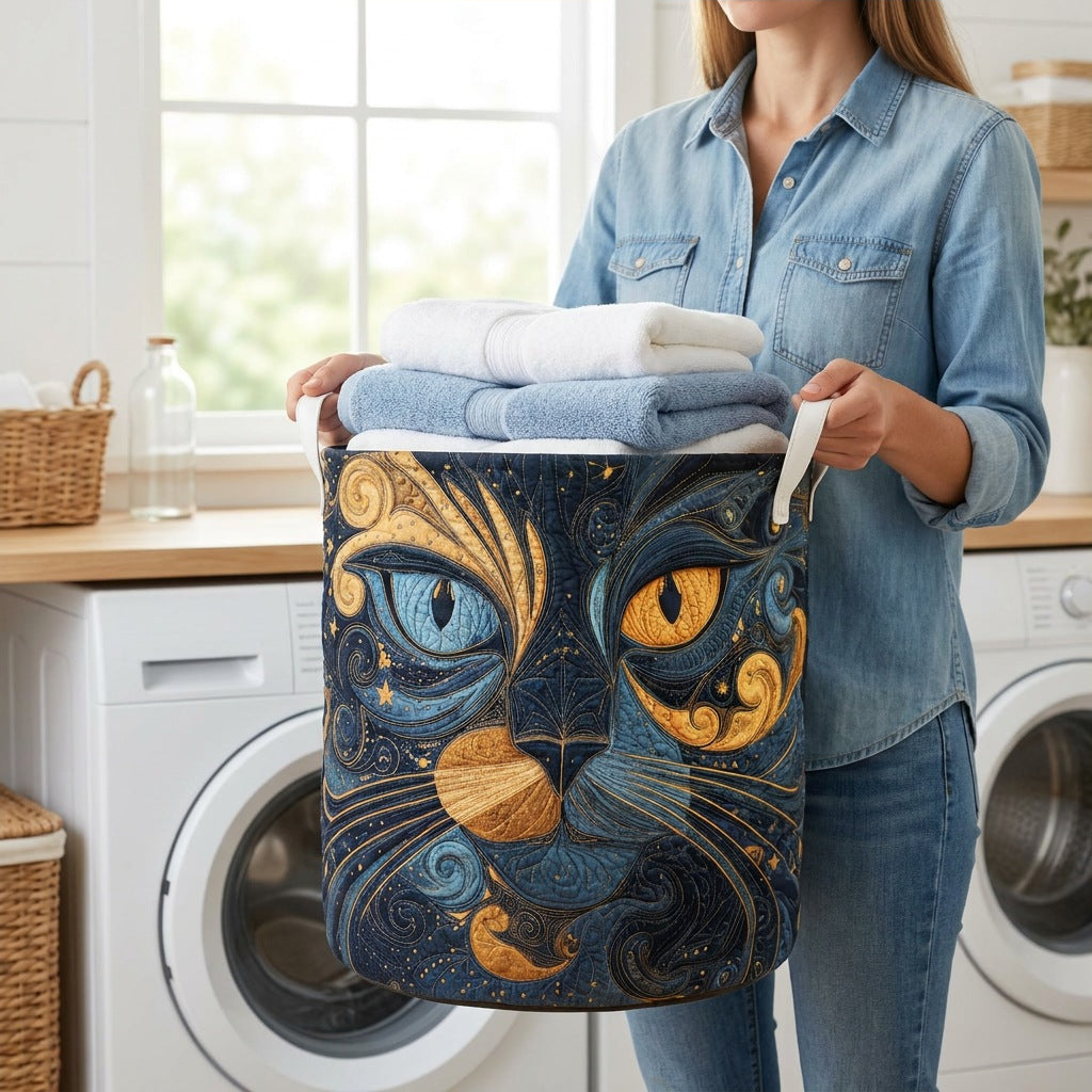 Quilted Laundry Basket - Galactic Cat held in a laundry room, filled with towels