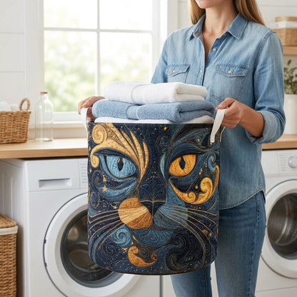 Quilted Laundry Basket - Galactic Cat held in a laundry room, filled with towels