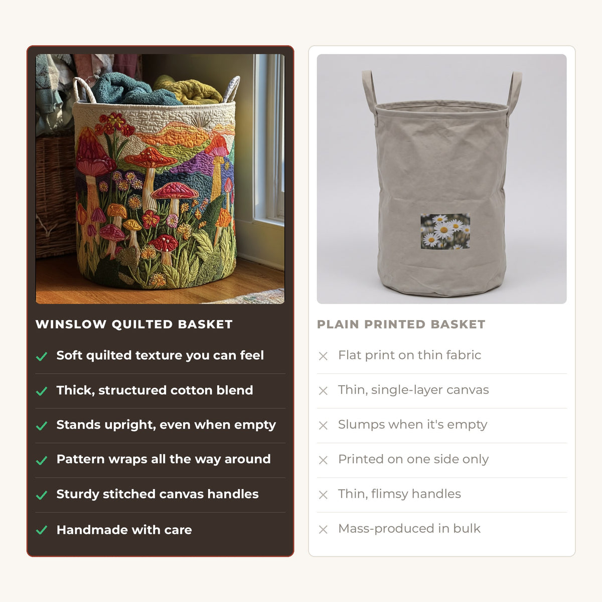 Quilted Laundry Basket - Garden at Dawn compared with a plain printed basket