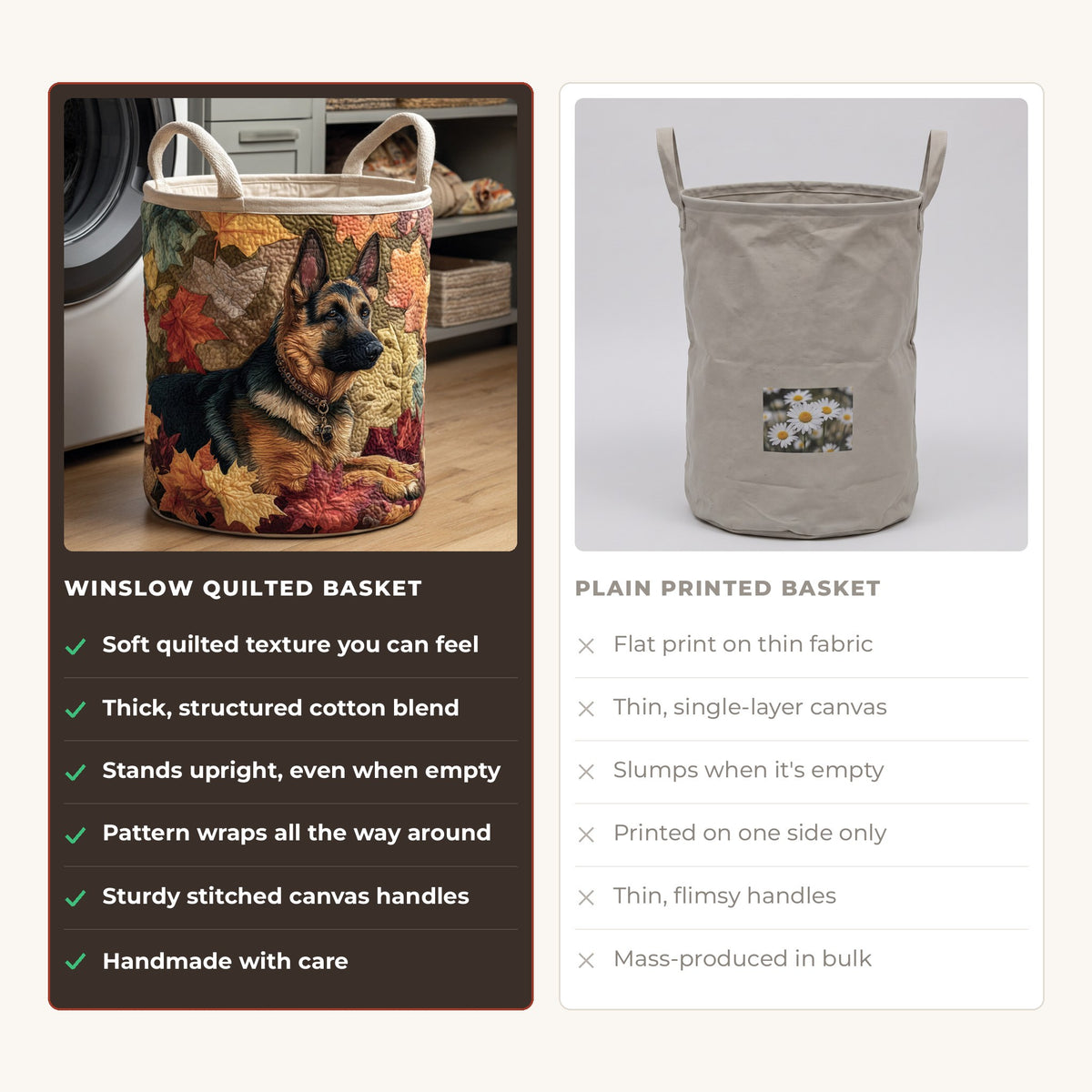 Quilted Laundry Basket - German Shepherd Among the Leaves compared with a plain printed basket