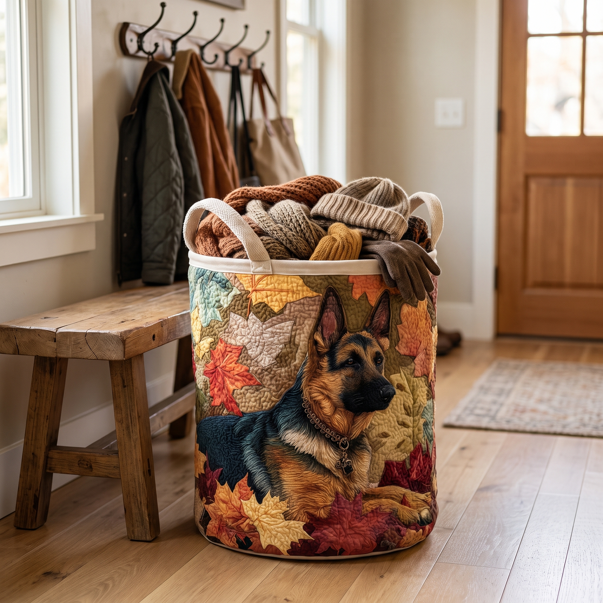 Quilted Laundry Basket - German Shepherd Among the Leaves
