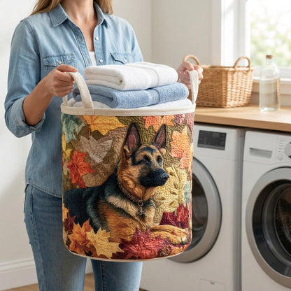 Quilted Laundry Basket - German Shepherd Among the Leaves held in a laundry room, filled with towels