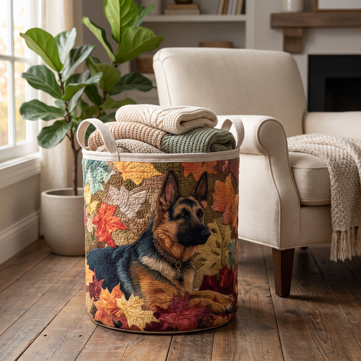 Quilted Laundry Basket - German Shepherd Among the Leaves