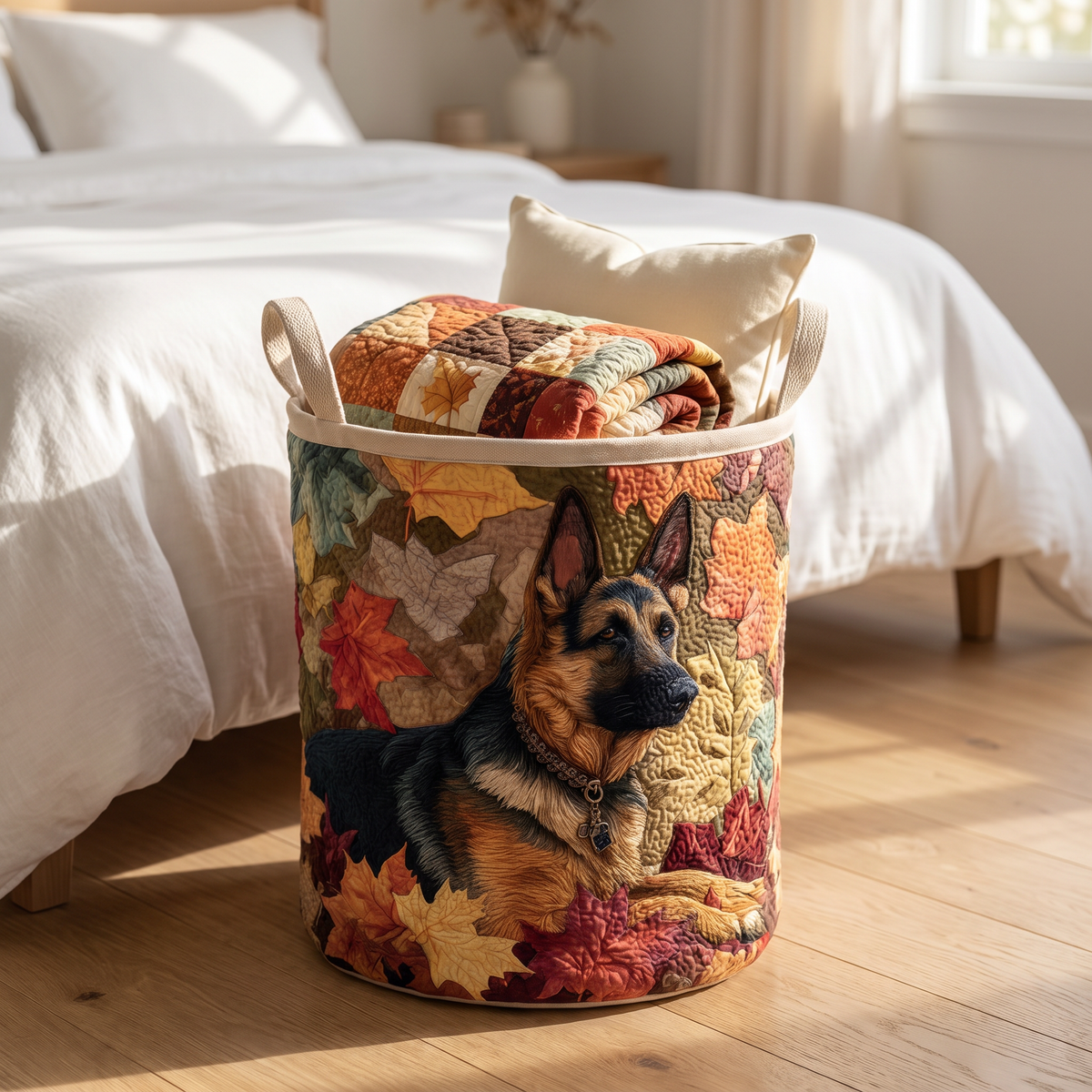 Quilted Laundry Basket - German Shepherd Among the Leaves