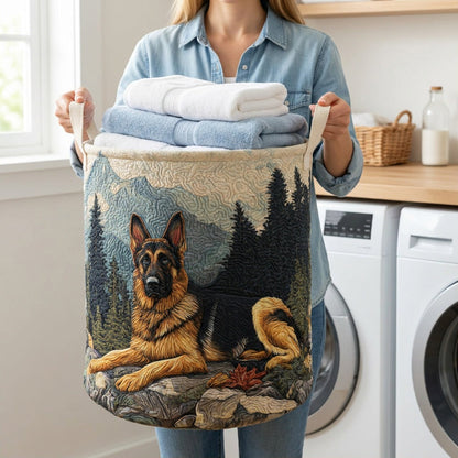 Quilted Laundry Basket - German Shepherd held in a laundry room, filled with towels