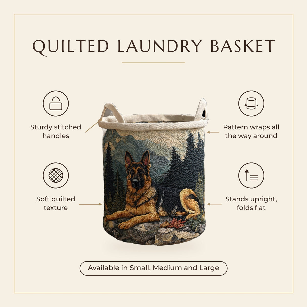 Quilted Laundry Basket - German Shepherd features infographic