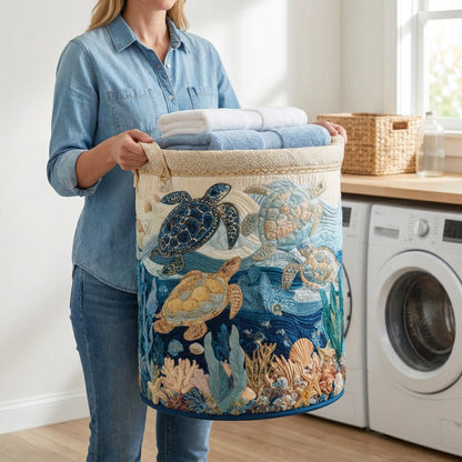 Quilted Laundry Basket - Glossy Shells held in a laundry room, filled with towels