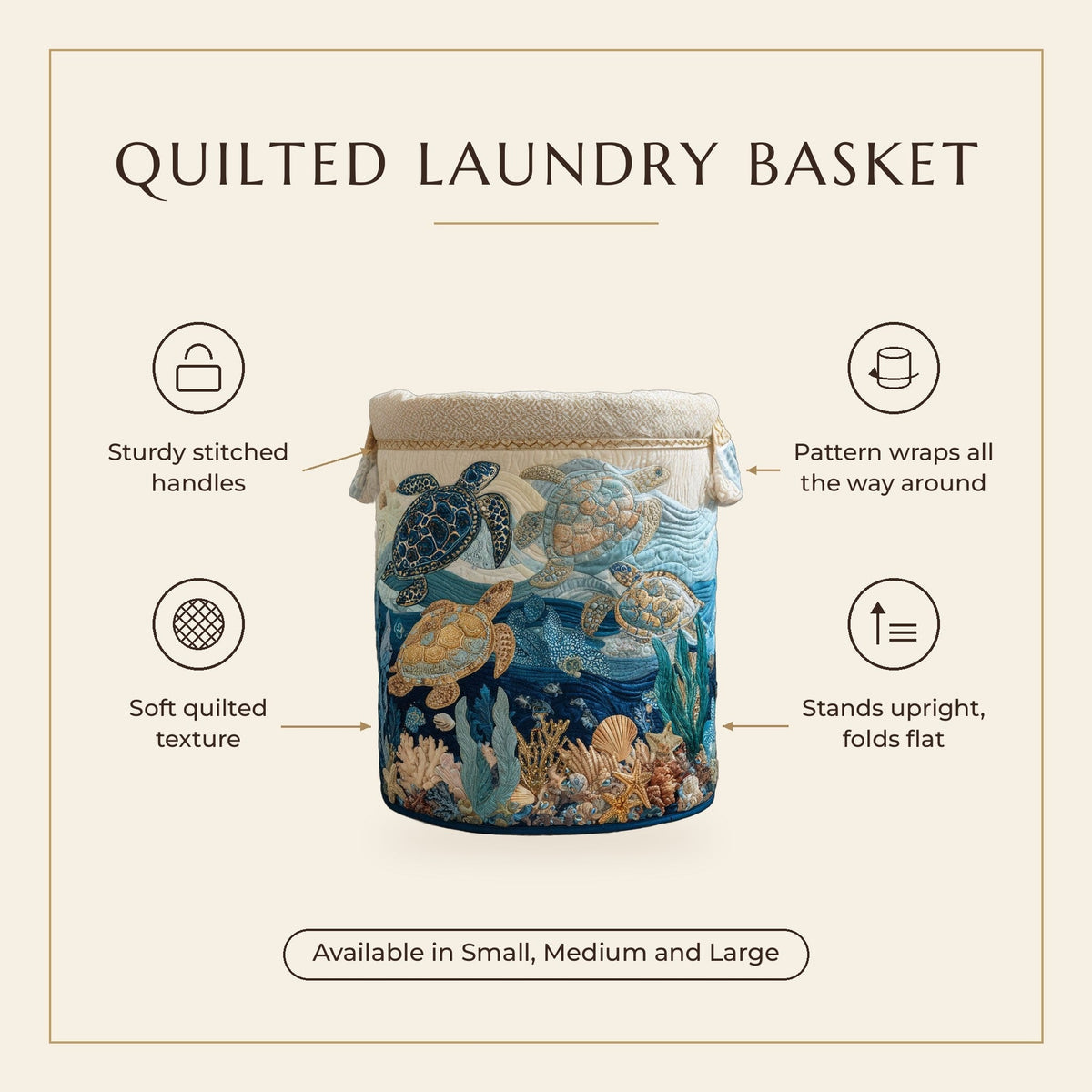 Quilted Laundry Basket - Glossy Shells features infographic
