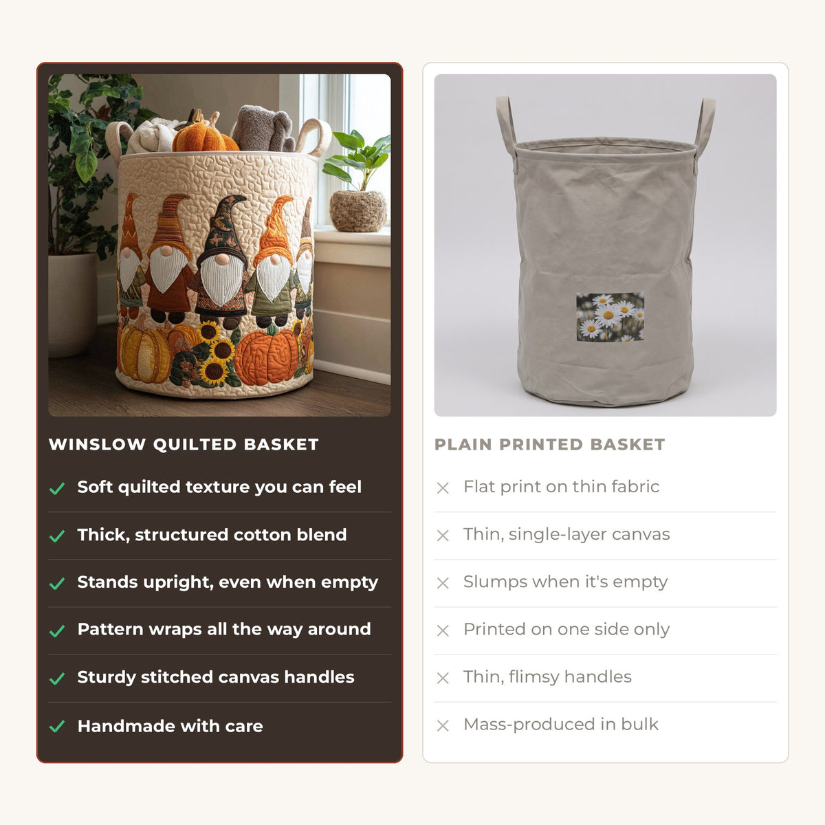 Quilted Laundry Basket - Gnome in the Pumpkin Patch compared with a plain printed basket