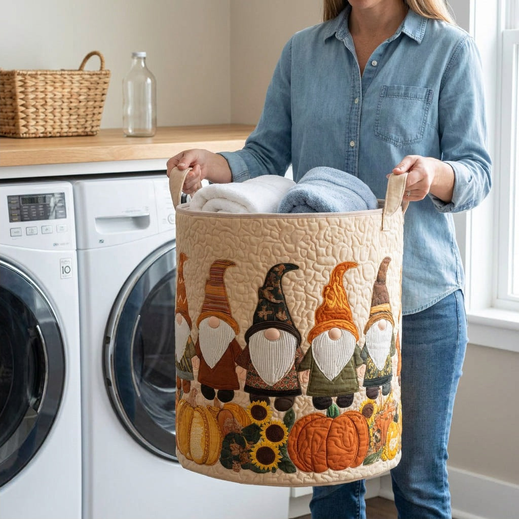 Quilted Laundry Basket - Gnome in the Pumpkin Patch held in a laundry room, filled with towels
