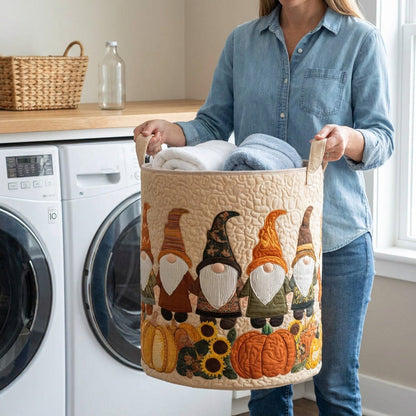 Quilted Laundry Basket - Gnome in the Pumpkin Patch held in a laundry room, filled with towels