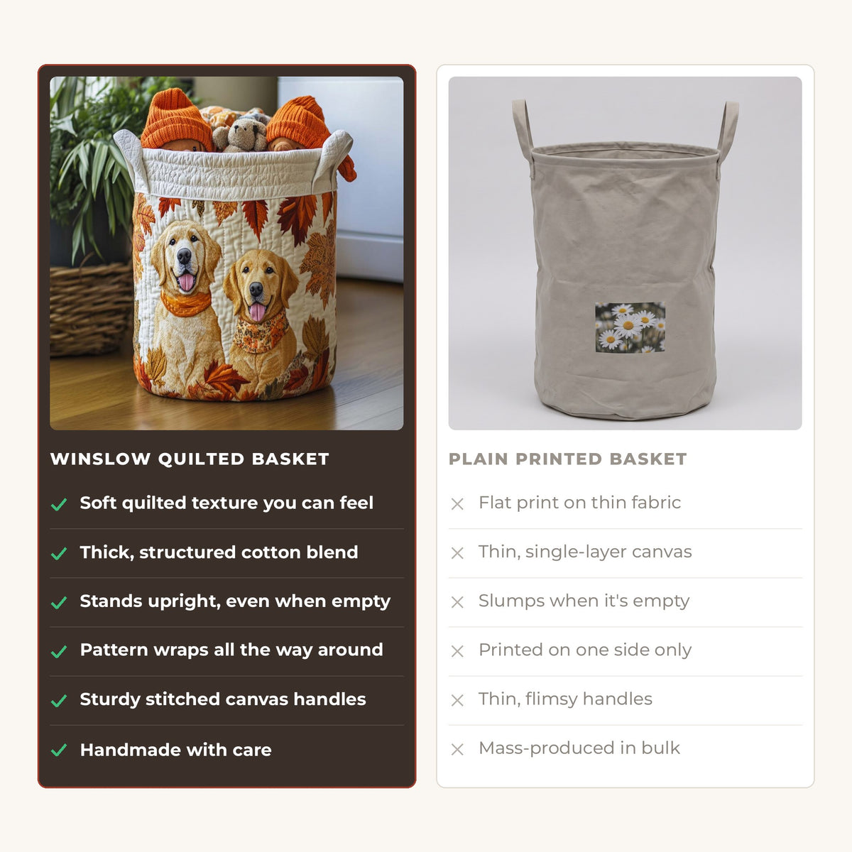 Quilted Laundry Basket - Golden Days compared with a plain printed basket