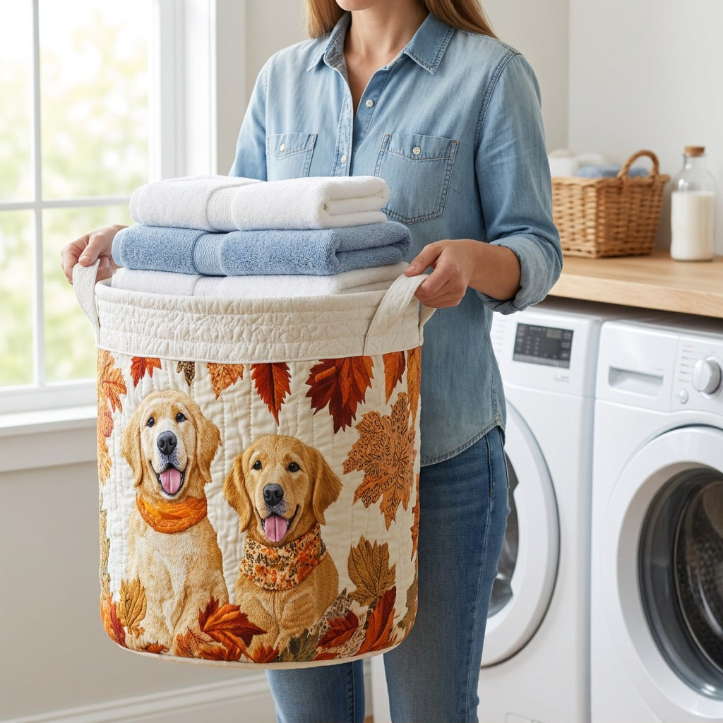 Quilted Laundry Basket - Golden Days held in a laundry room, filled with towels